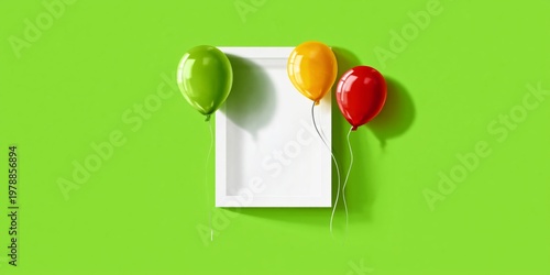 Colorful Balloons and a Blank Frame on a Bright Green Background