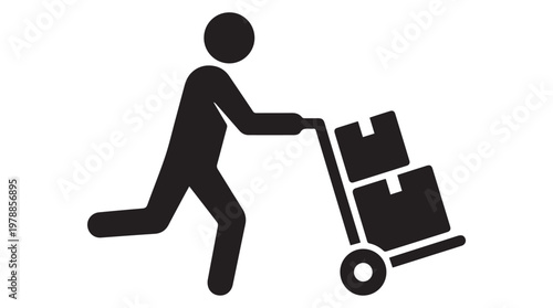 Business professional pushing loaded hand truck with boxes in minimalist office setting