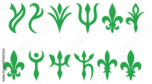 Set of green ornamental fleur de lis and botanical symbols isolated on Transparent Background