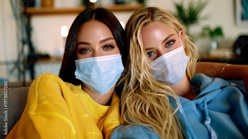 Two Women Smiling Together While Wearing Face Masks in a Cozy Indoor Setting ...