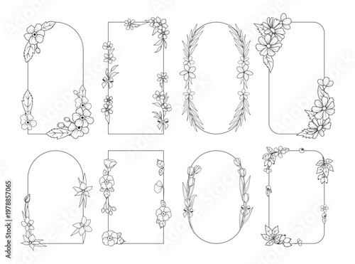 Hand Drawn Whimsical Floral Wedding Frames Set.