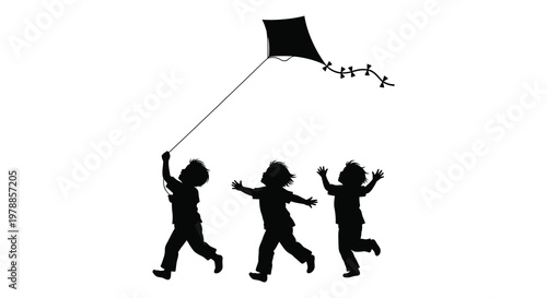A group of children joyfully playing with a flying kite against a bright white background a striking silhouette high quality