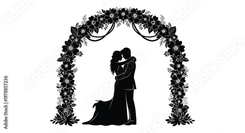 A couple embraces tenderly beneath a floral archway creating a romantic and intimate scene silhouette high quality professional detailed modern elegant
