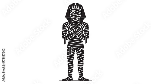 Minimalist black and white mummy illustration standing with arms crossed in ancient egyptian style