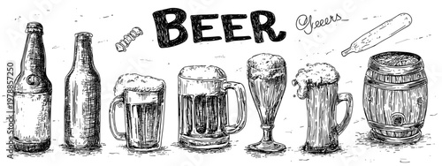 llustration of Various Beer Containers Including Bottles, Barrels, and Mugs with Frothy Beverage