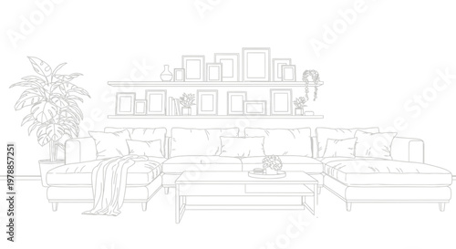 A minimalist living room featuring a large sectional sofa shelving and framed artwork