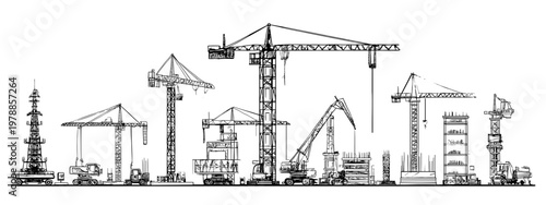 Construction Site Silhouette with Cranes and Various Buildings in Urban Landscape