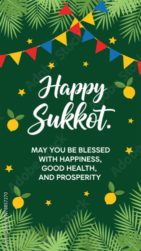A festive sukkot greeting card with colorful flags citrus and lush green foliage