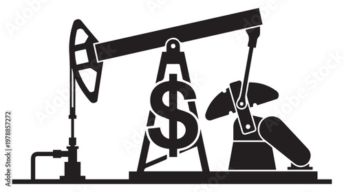 Oil pumpjack symbolizing financial growth and energy investment with dollar sign overlay