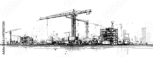 Construction Site Silhouette with Cranes and Various Buildings in Urban Landscape
