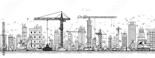 Construction Site Silhouette with Cranes and Various Buildings in Urban Landscape