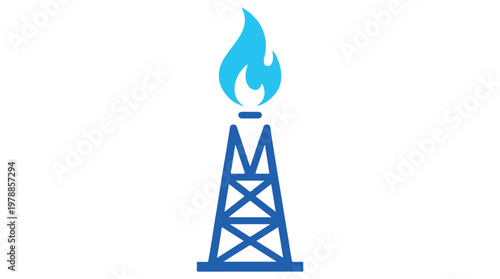 Blue flame on oil derrick tower symbolizing energy production and natural gas extraction