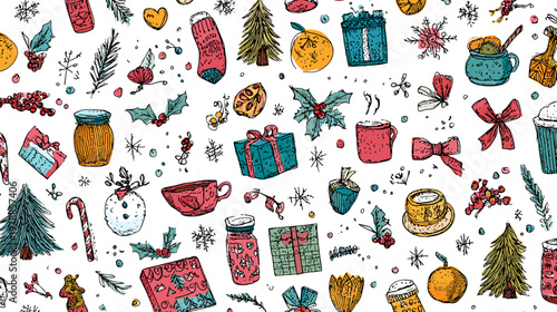 Colorful Winter Holiday Pattern Featuring Mugs, Cups, Snowman, and Christmas Elements