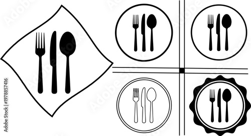 Restaurant cutlery icons featuring spoon, fork and knife silhouettes in flat design for menu, logo and branding use eps