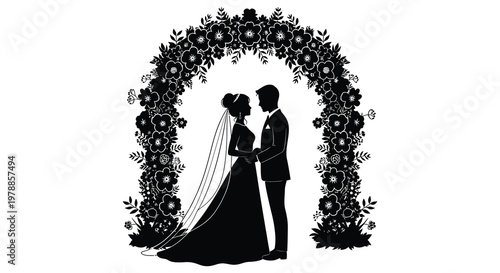 A newlywed couple stands beneath a floral archway gazing into each other s eyes in a striking silhouette high quality professional detailed