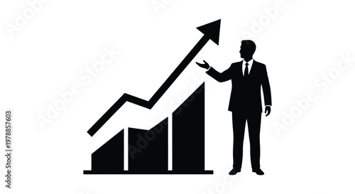 A businessman gestures towards a rising graph symbolizing growth and success in a stark silhouette high quality professional detailed modern elegant