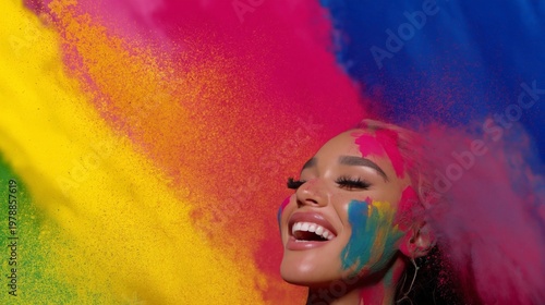 Woman Smiling With Colorful Powder During Festival Celebration in Bright Colors