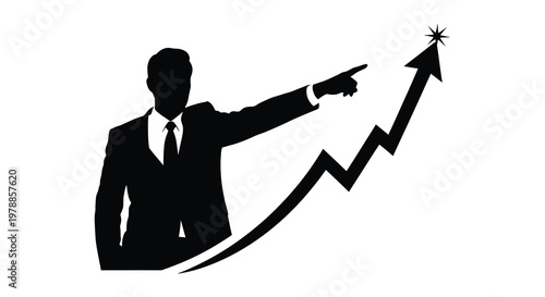 A business professional in a suit points towards a rising graph symbolizing growth and success silhouette high quality detailed modern elegant