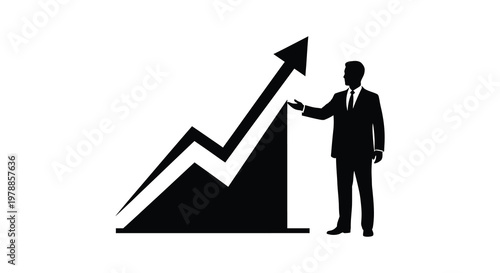 A businessman in a suit gestures toward a rising graph symbolizing growth and success silhouette high quality professional detailed modern