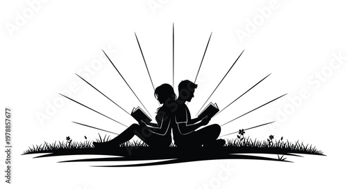 A couple sits back to back reading books surrounded by radiating lines and grassy field a striking silhouette high quality professional detailed modern