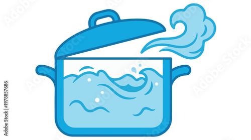 Boiling water in stylized blue pot with steam effect vector illustration