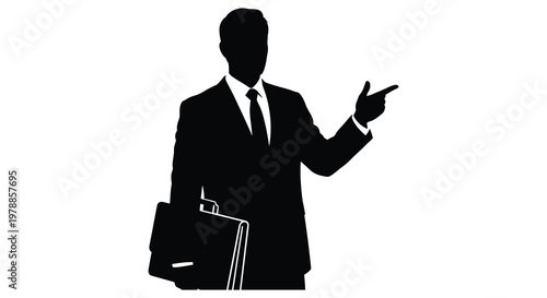 A sharply dressed businessman in a suit points forward holding a briefcase presented as a silhouette high quality professional detailed modern