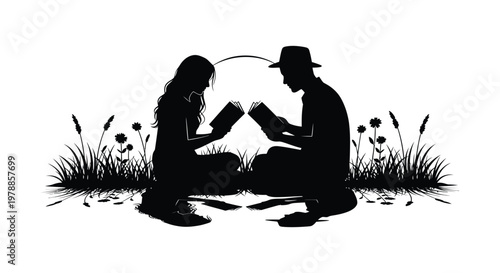 A couple sits in a field engrossed in books enjoying a peaceful moment together a striking silhouette high quality professional