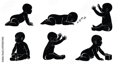 A collection of black silhouettes depicts a baby in various poses including crawling sleeping and sitting silhouette high quality professional