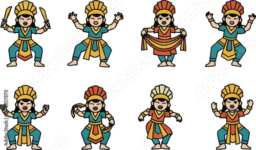 Cartoon figures in traditional attire performing various actions