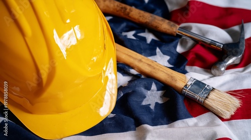 Construction Tools and Yellow Hard Hat on American Flag