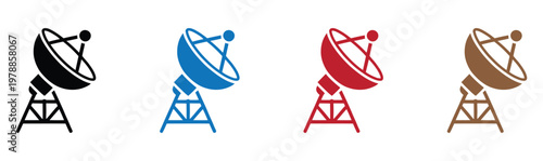 Set of four colorful satellite dishes on tripods for communication technology illustration