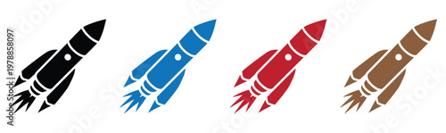 Set of four colorful retro space rockets flying in formation on white background