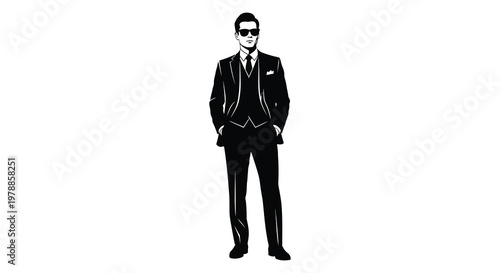A sharply dressed man in a full suit and sunglasses stands confidently presented as a silhouette high quality professional detailed modern