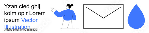Communication, email marketing, creative design, visual teaching, messaging, concept illustration. Woman pointing, envelope icon water drop shape. Communication and email marketing concept