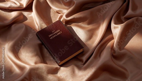 An old vintage hardbound leather book with gold embossed lettering sits elegantly on a soft shimmering champagne colored silk fabric cloth creating a sophisticated and timeless luxury aesthetic