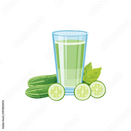 Glass of refreshing cucumber juice with fresh whole and sliced cucumbers and green leaves, a natural, healthy, hydrating drink embodying wellness and balanced living