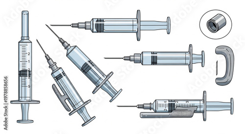 Technical illustration of medical syringes and dental anesthetic instruments
