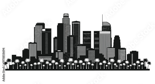 A striking black and white cityscape of los angeles featuring palm trees and modern architecture depicted as a silhouette high quality