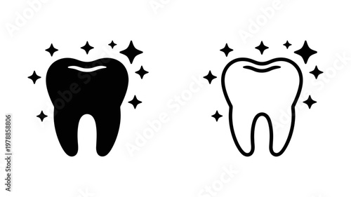 Shiny tooth icon set with sparkle effects in solid and outline style for dental health and whitening