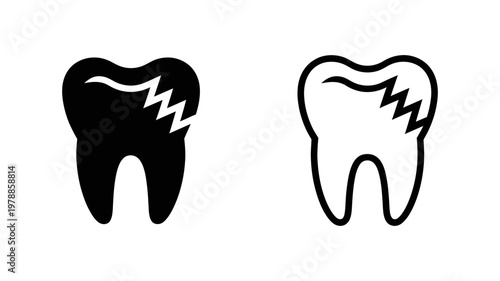 Cracked damaged tooth icon set in solid and outline style for dental health and decay awareness