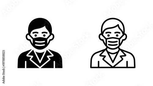 Doctor wearing medical protective face mask vector icon set in solid and outline design for healthcare apps