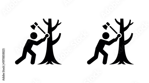 Man cutting down tree with axe vector icons in solid and line art styles for environmental design projects