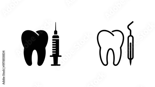 Tooth and dental syringe vector icon set in solid and outline style for dental clinic website interface