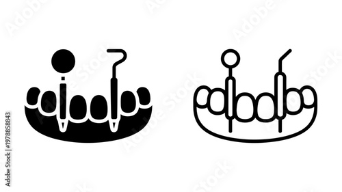 Dental examination tools and teeth vector icon set in solid and outline style for dental healthcare apps