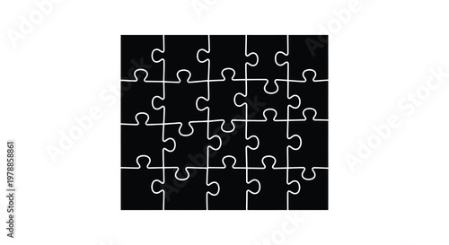 A black background displays a puzzle composed of interlocking white pieces forming a fragmented abstract silhouette high quality professional detailed modern
