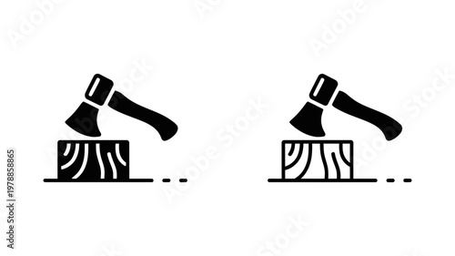 Wood axe cutting log vector icon set in solid and outline style for forestry and carpentry industry