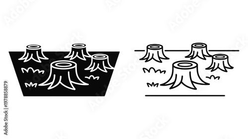 Tree stumps on grass vector icon set in solid and outline style for deforestation and environment