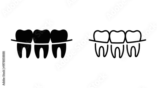Teeth with dental braces vector icon set in solid and outline style for orthodontics and teeth alignment