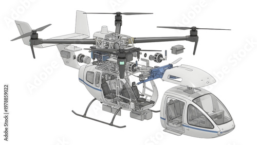 Modular Urban Air Taxi Drone Blueprint with Detachable Passenger Pod Quad Rotor VTOL Aircraft Technical Schematic Isolated on White Background