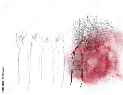 Dessin d'un homme souffrant de dépression et d'anxiété dans la foule. Maladie mentale. Agoraphobie.